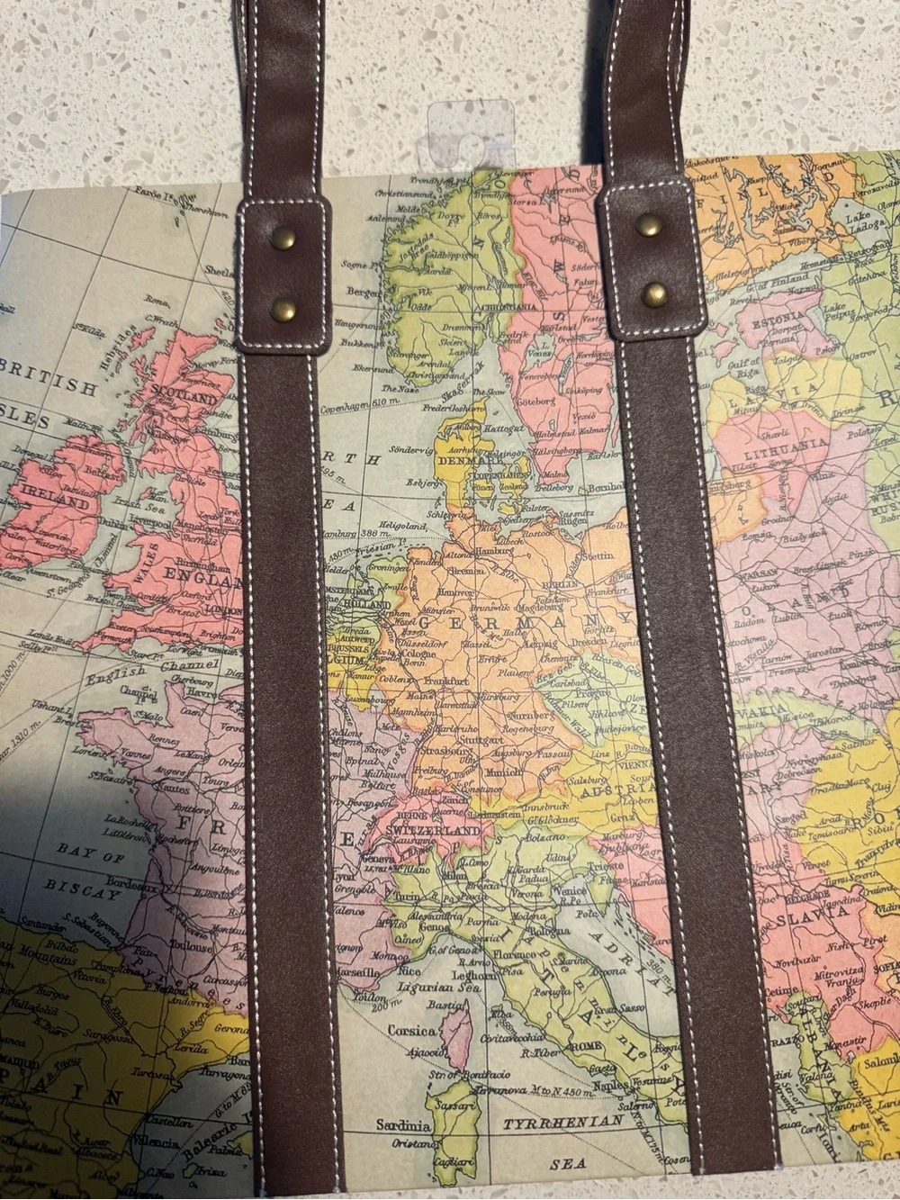 Papyrus Gift Bag World Globe 11x11x6  -Print Canvas Tote Bag with Brown Straps